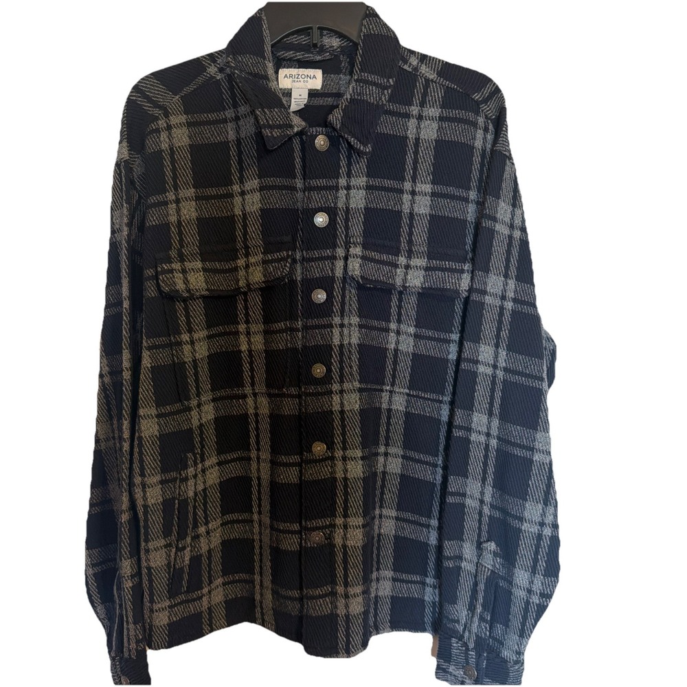 Arizona Jean Co. Flannel Shirt Sz M Navy Blue Plaid Lumberjack 100 % Cotton NWT